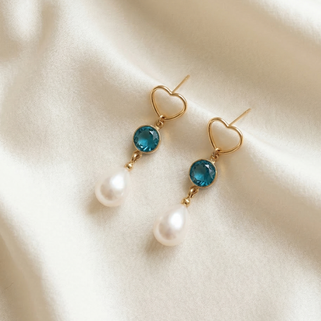 Arabella Heart, Birthstone & Teardrop Pearl Earrings