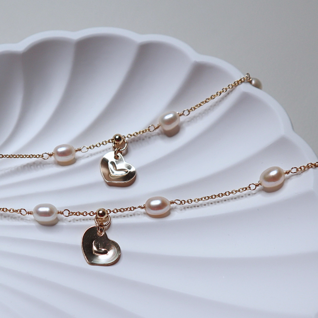 Linked Hearts Pearl Bracelet with Personalised Heart Charm