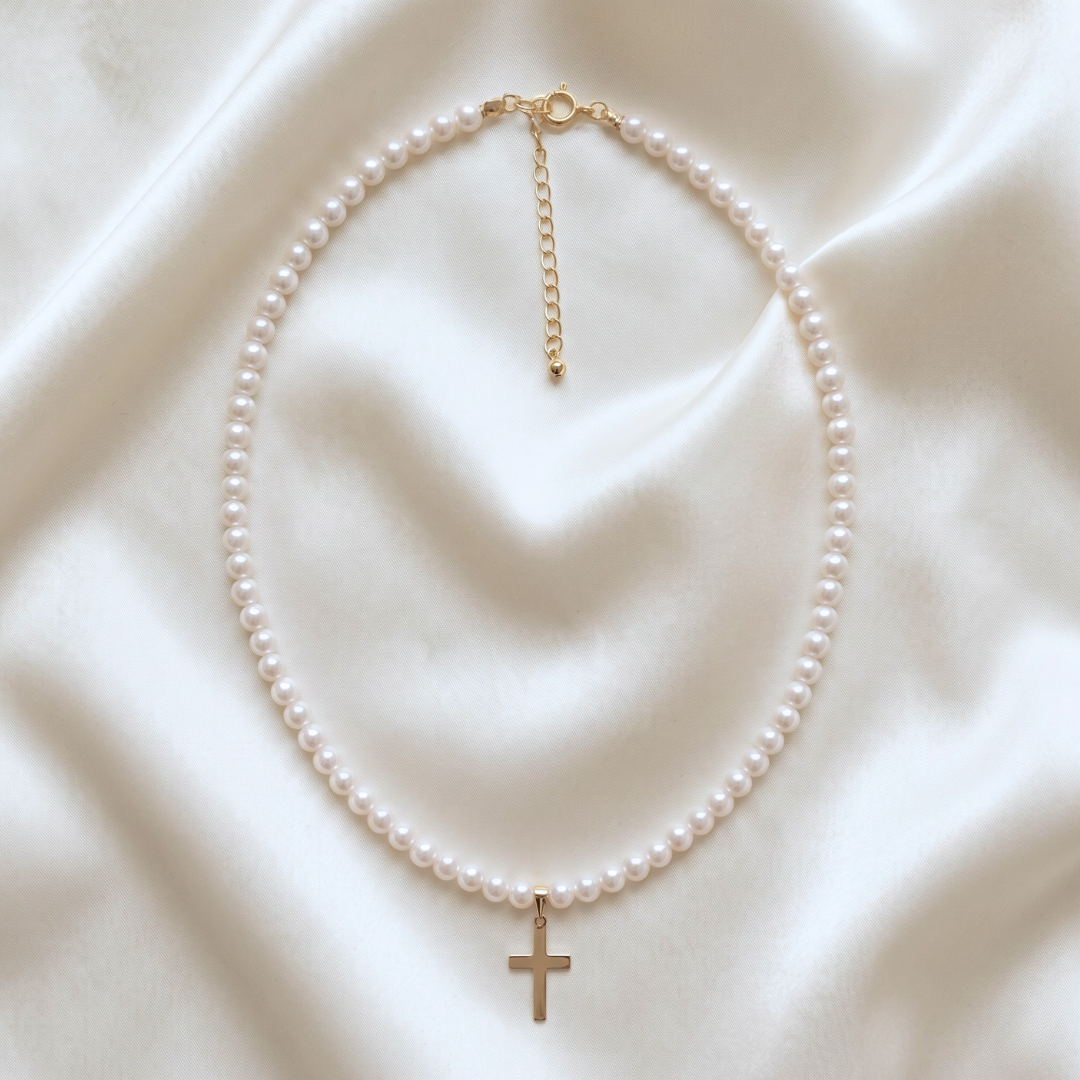 Faith Round Pearl and Cross Charm Necklace
