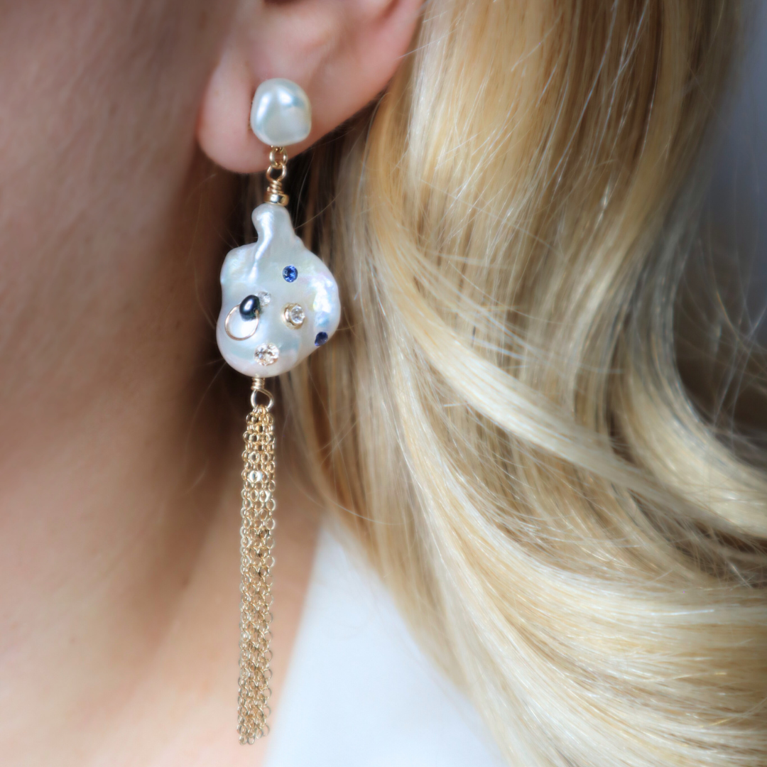 Gemma 3 in 1 Convertible Bejeweled Baroque Pearl Tassel Earrings