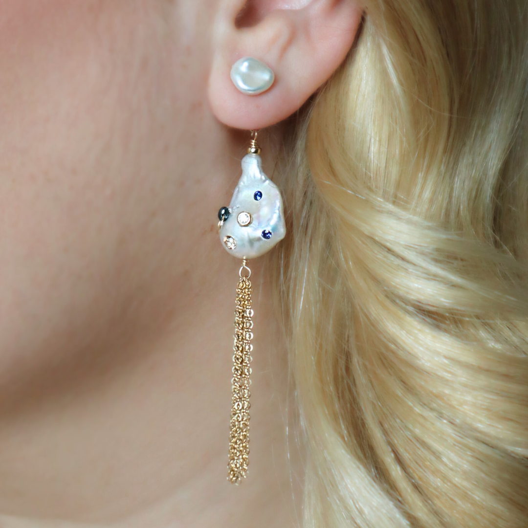 Gemma 3 in 1 Convertible Bejeweled Baroque Pearl Tassel Earrings