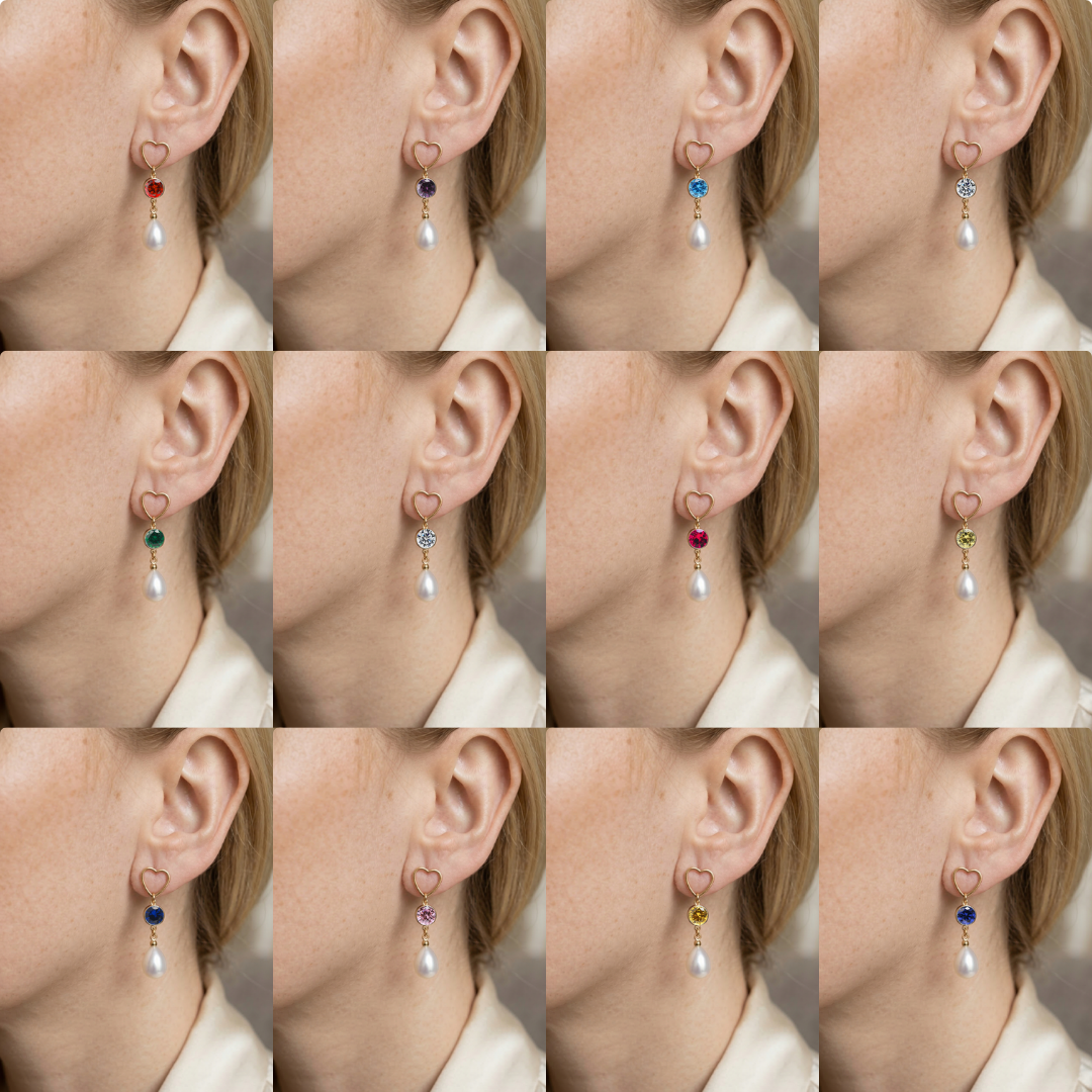 Arabella Heart, Birthstone & Teardrop Pearl Earrings