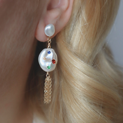 Gemmelle 3 in 1 Convertible Bejeweled Baroque Pearl Tassel Earrings