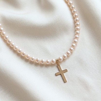 Faith Round Pearl and Cross Charm Necklace