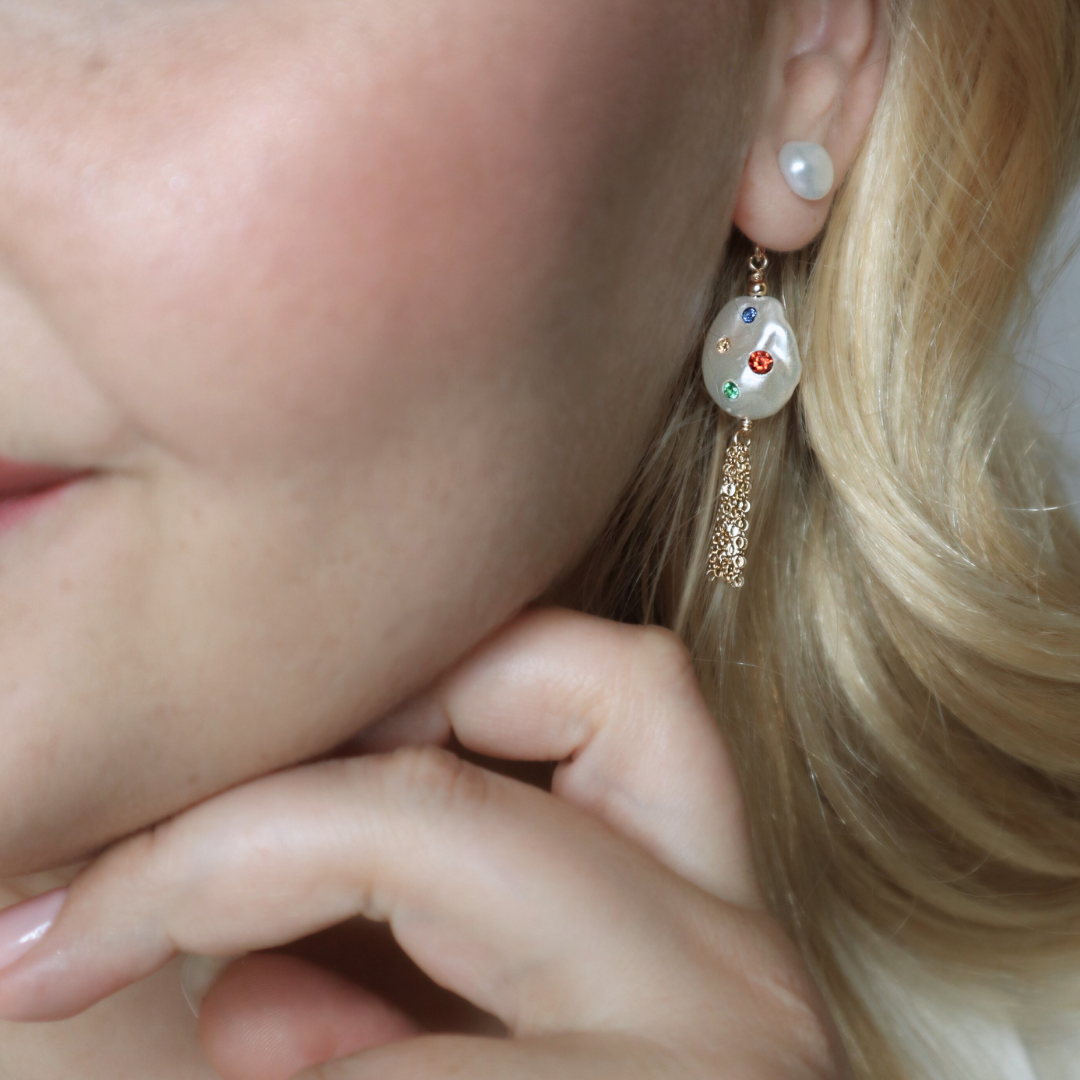 Gemmelle 3 in 1 Convertible Bejeweled Baroque Pearl Tassel Earrings