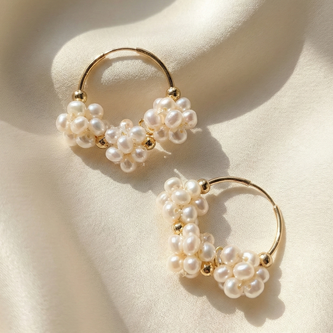 Rosalie Triple Pearl Blossom Hoop Earrings