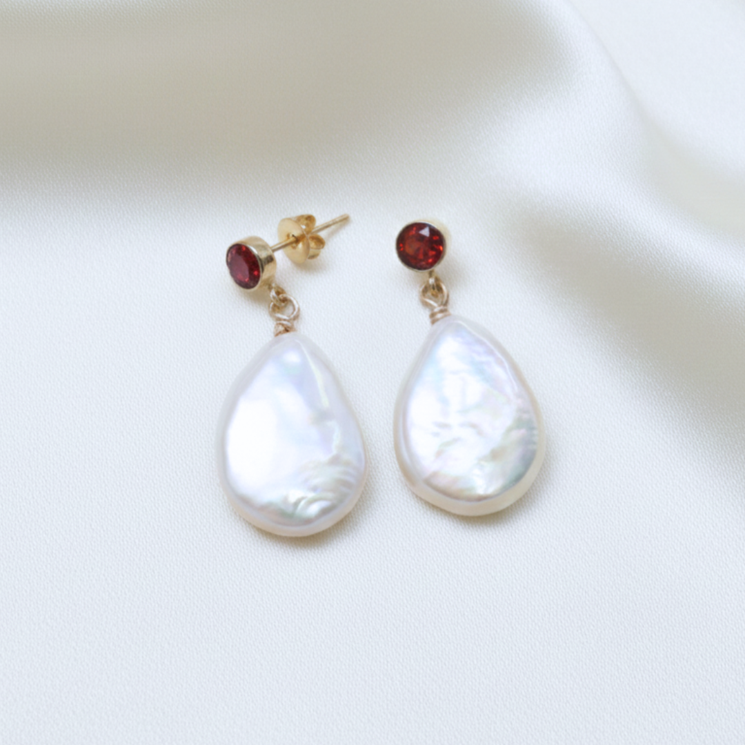 Ophelia Red Zircon and Flat Teardrop Pearl Earrings