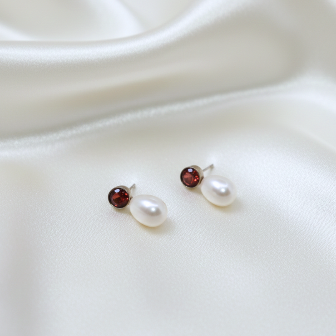 Calla Red Zircon and Teardrop Pearl Earrings