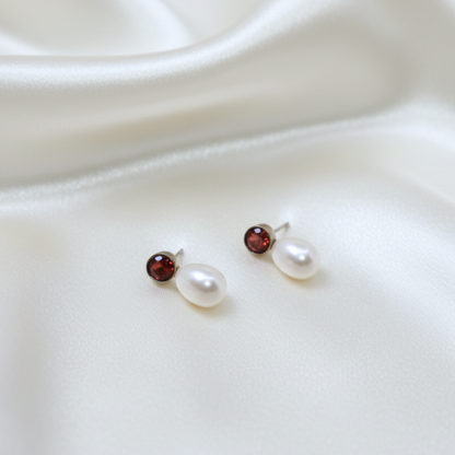 Calla Red Zircon and Teardrop Pearl Earrings
