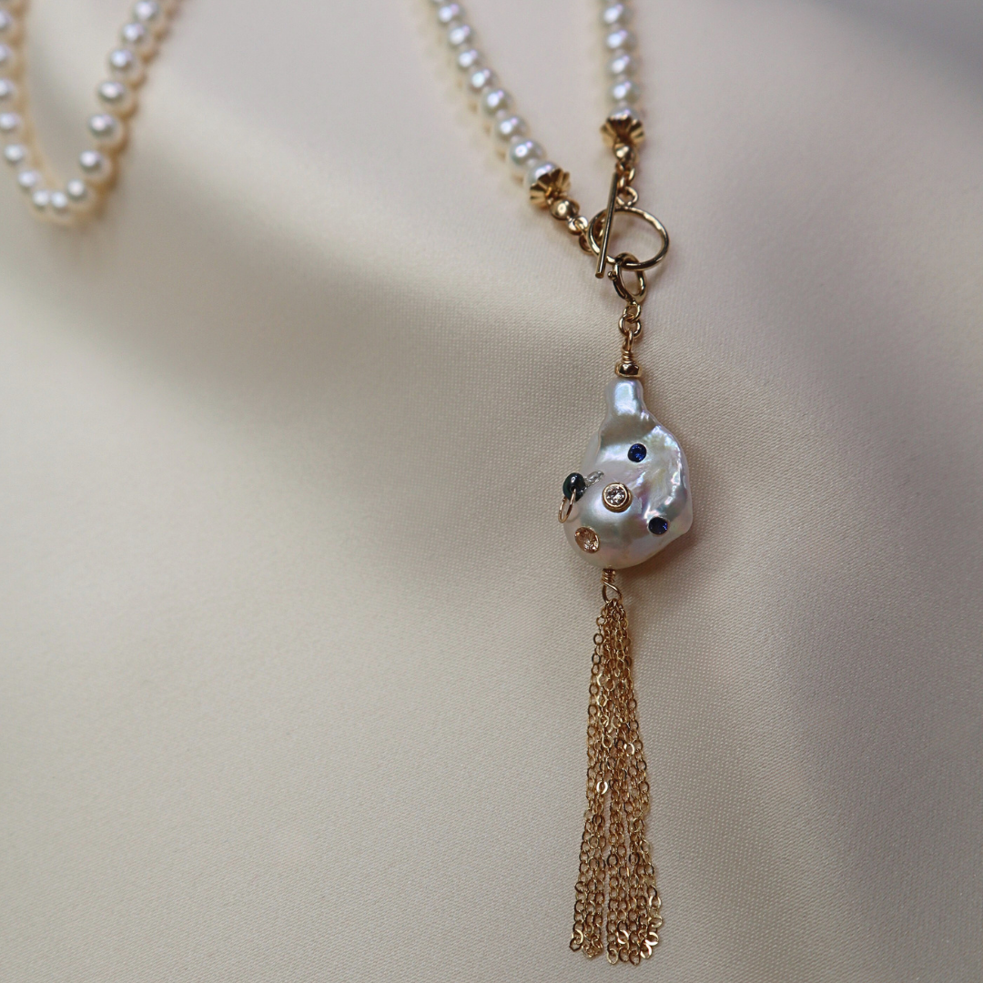 Gemma Baroque Tassel Bejeweled Pearl Charm with Clasp