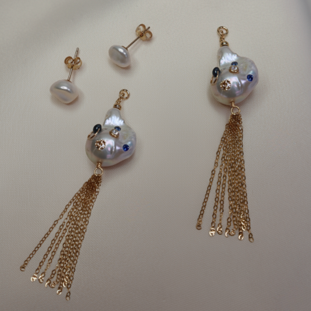 Gemma 3 in 1 Convertible Bejeweled Baroque Pearl Tassel Earrings