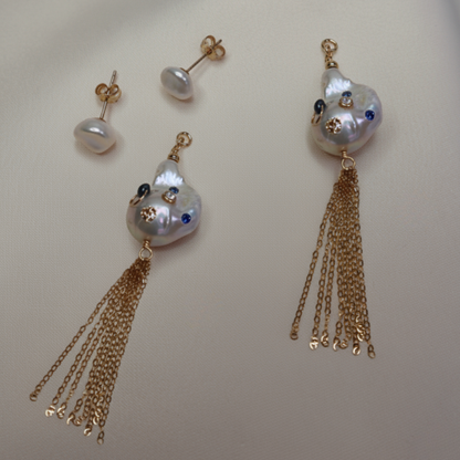 Gemma 3 in 1 Convertible Bejeweled Baroque Pearl Tassel Earrings