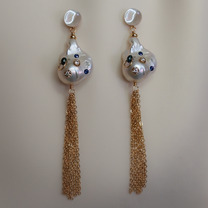Gemma 3 in 1 Convertible Bejeweled Baroque Pearl Tassel Earrings