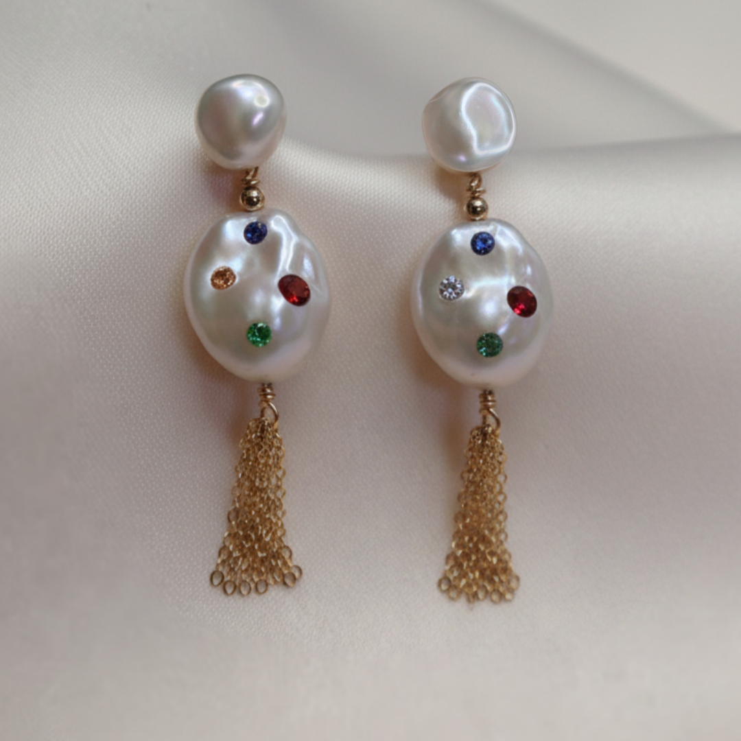 Gemmelle 3 in 1 Convertible Bejeweled Baroque Pearl Tassel Earrings