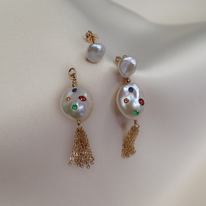 Gemmelle 3 in 1 Convertible Bejeweled Baroque Pearl Tassel Earrings