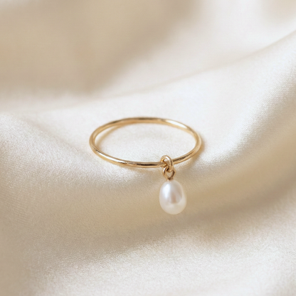 Ella Dainty Teardrop Pearl Dangle Ring