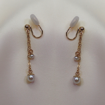 Olivia Round Pearls Dangle Earrings - Clip On