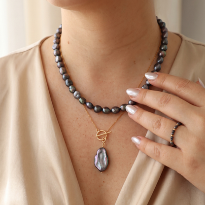 Celeste 3 in 1 Convertible Black Baroque Flat Pearl Necklace