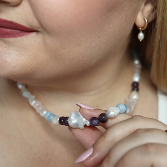 Sunset Mirage - Crystal Beads and Baroque Pearls Necklace