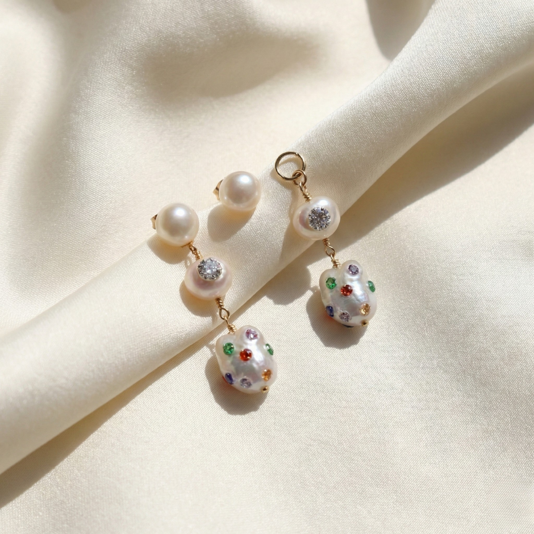 Aurora 3 in 1 Convertible Bejewelled Baroque Pearl Earrings
