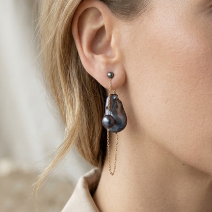 Delphine Backdrop Black Baroque Pearl Statement Earrings