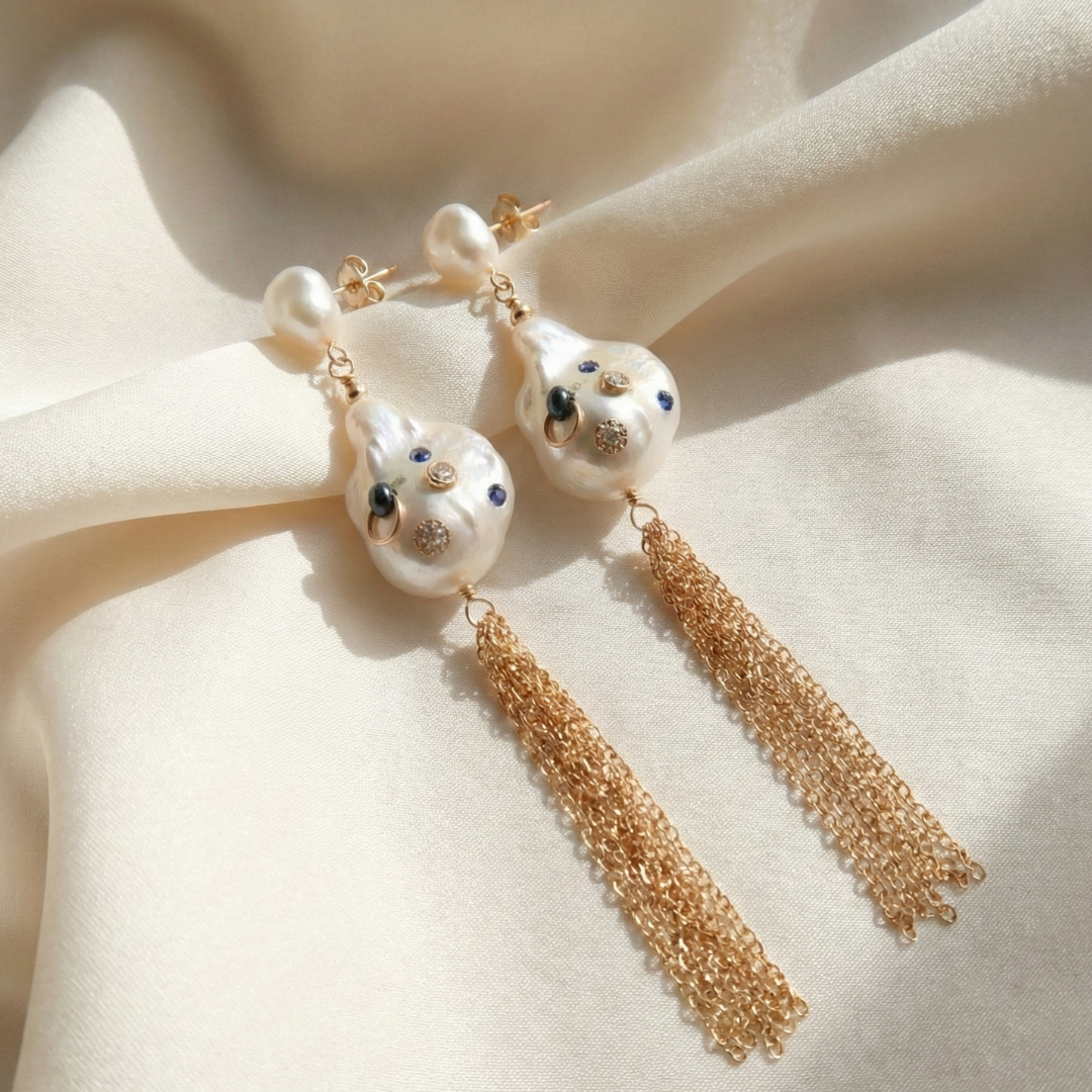 Gemma 3 in 1 Convertible Bejeweled Baroque Pearl Tassel Earrings