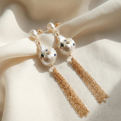 Gemma 3 in 1 Convertible Bejeweled Baroque Pearl Tassel Earrings