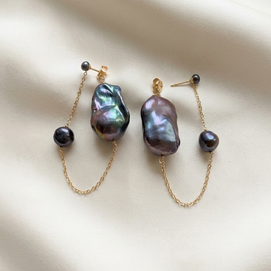 Delphine Backdrop Black Baroque Pearl Statement Earrings