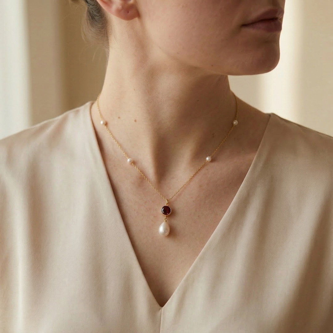 Cora Birthstone & Teardrop Pearl Necklace