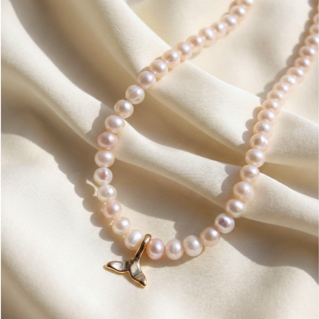 Ocean Drift - Potato Pearls & a Gold Dolphin Tail Charm Necklace