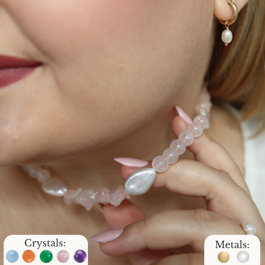 Blush Horizon - Crystal Beads & Clear Opal Chips with Flat Teardrop Pearls Necklace