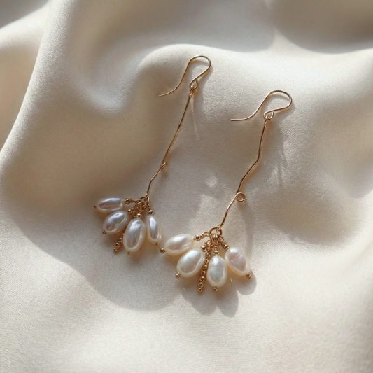 Fleur Long Flower Pearl Earrings