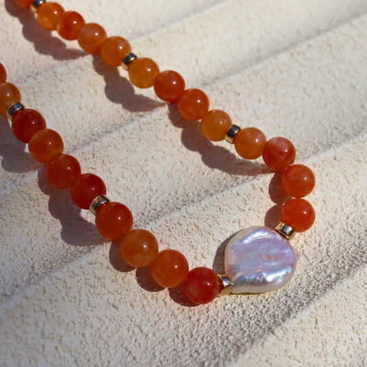 Sunset Ember - Flat Baroque Pearl, Crystal Beads & Metal Rondelles