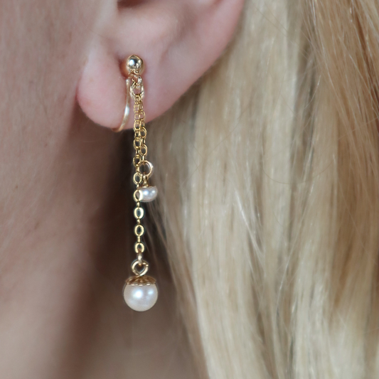 Olivia Round Pearls Dangle Earrings - Clip On