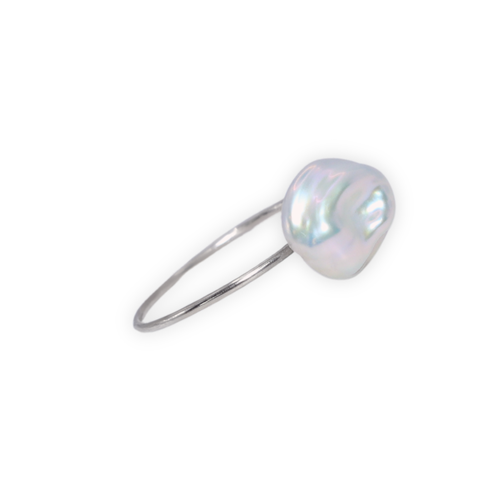 A beautiful baroque pearl gracefully perched on a gleaming silver ring, symbolizing elegance and refined taste.