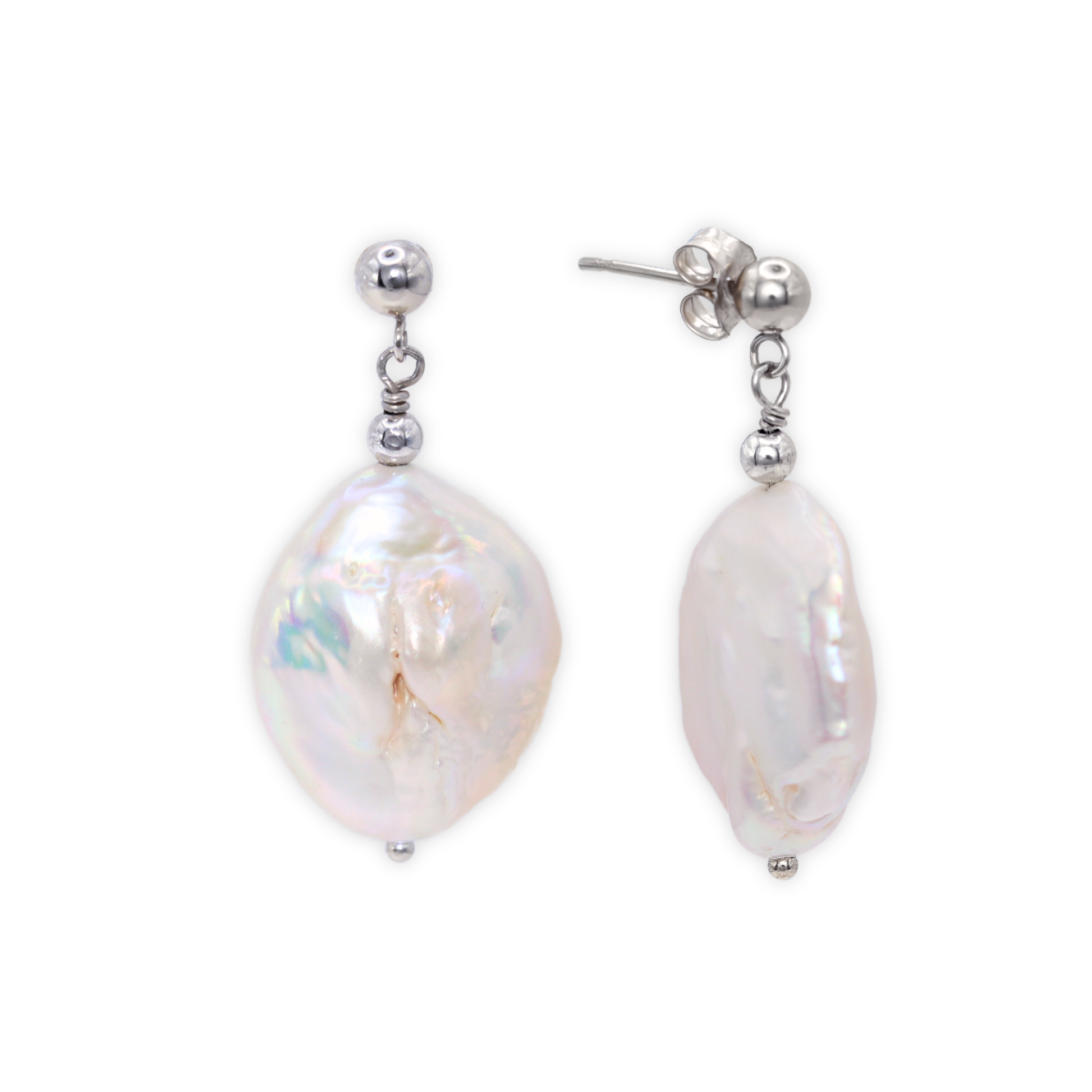  These exquisite earrings feature large baroque pearls delicately suspended from a classic ball stud. 
