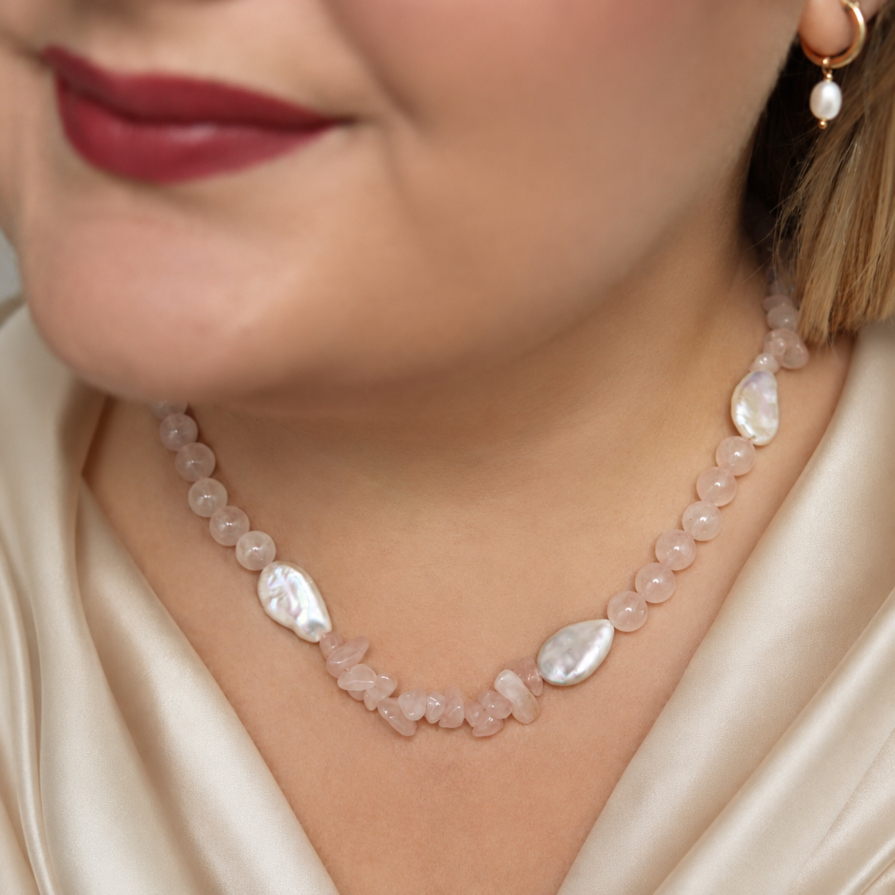 Blush Horizon - Crystal Beads & Clear Opal Chips with Flat Teardrop Pearls Necklace