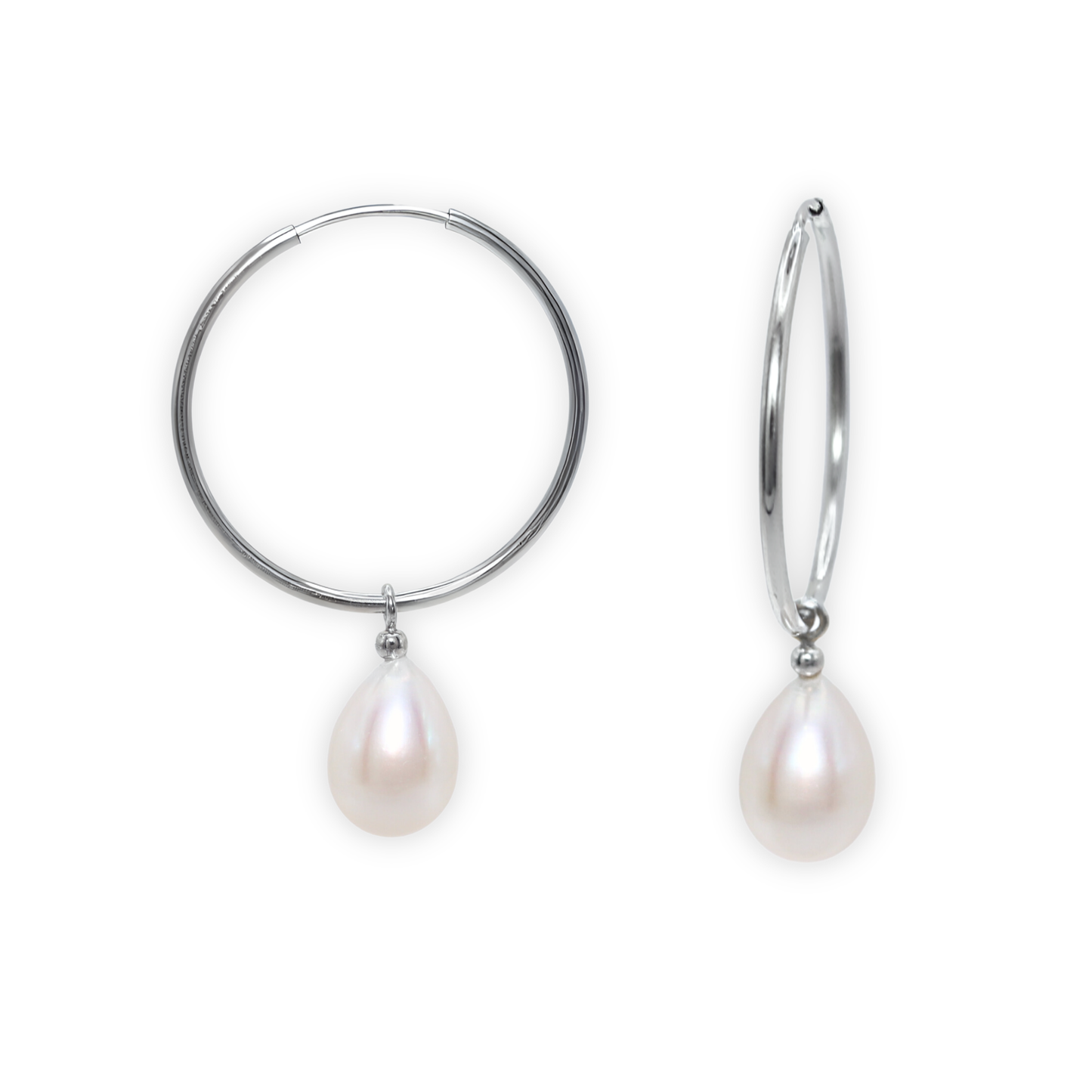  These sophisticated hoop earrings feature a single teardrop pearl, adding a touch of elegance to any outfit. 