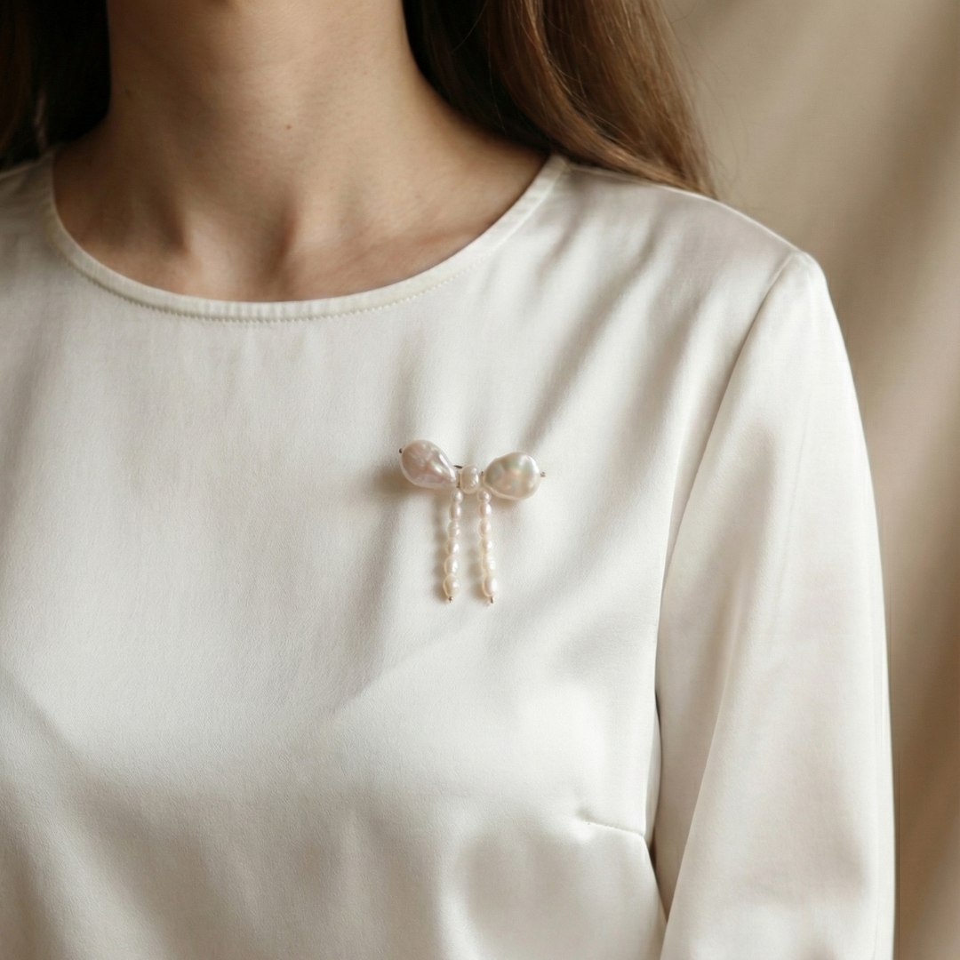 Evelyn Bow Pearl Brooch