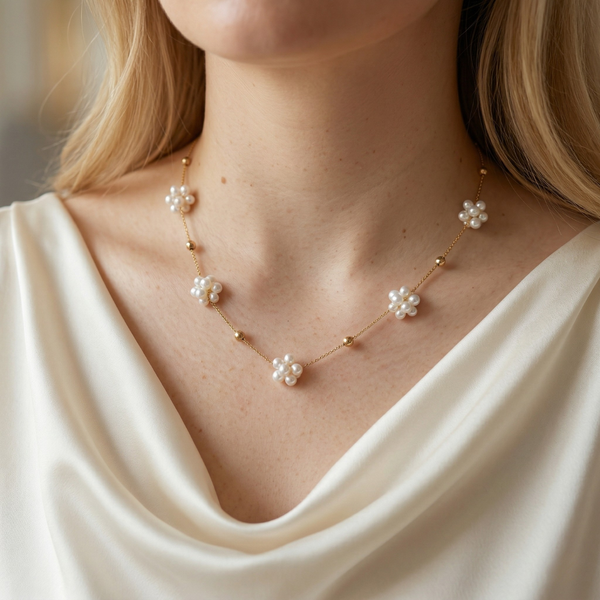 Rosalie Five Pearl Blossom Necklace - Floating