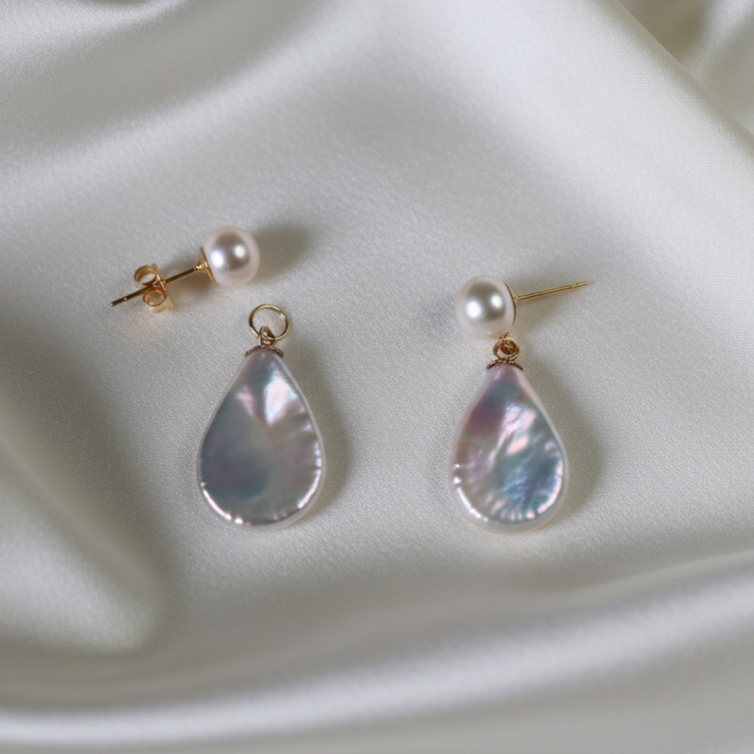 Evelyn 3 in 1 Convertible Flat Teardrop Pearl Earrings