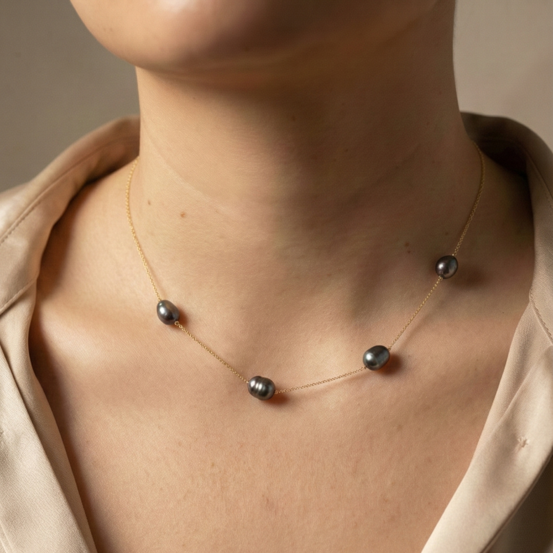 Leanna Four Black Pearl Chain Necklace