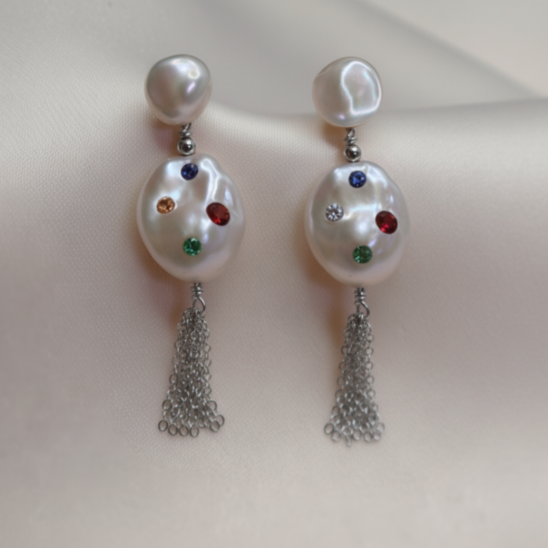 Gemmelle 3 in 1 Convertible Bejeweled Baroque Pearl Tassel Earrings