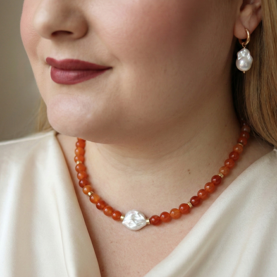 Sunset Ember - Flat Baroque Pearl, Crystal Beads & Metal Rondelles