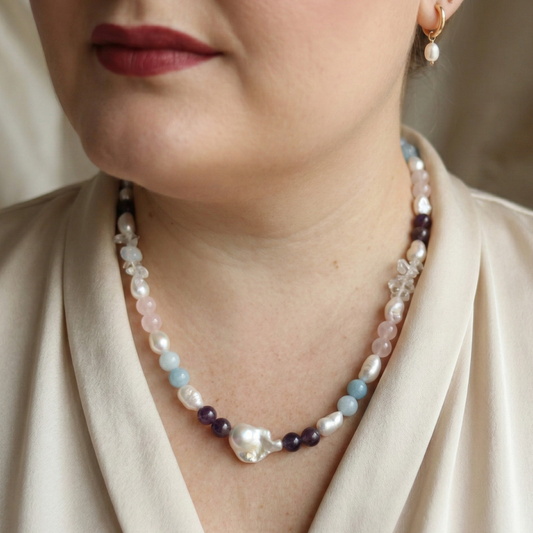 Sunset Mirage - Crystal Beads and Baroque Pearls Necklace