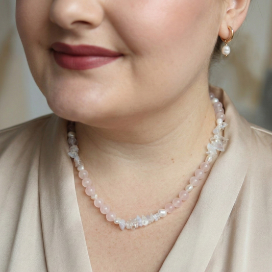Rosé Glow - Crystal Beads, Clear Opal Chips and Baroque Pearls Necklace
