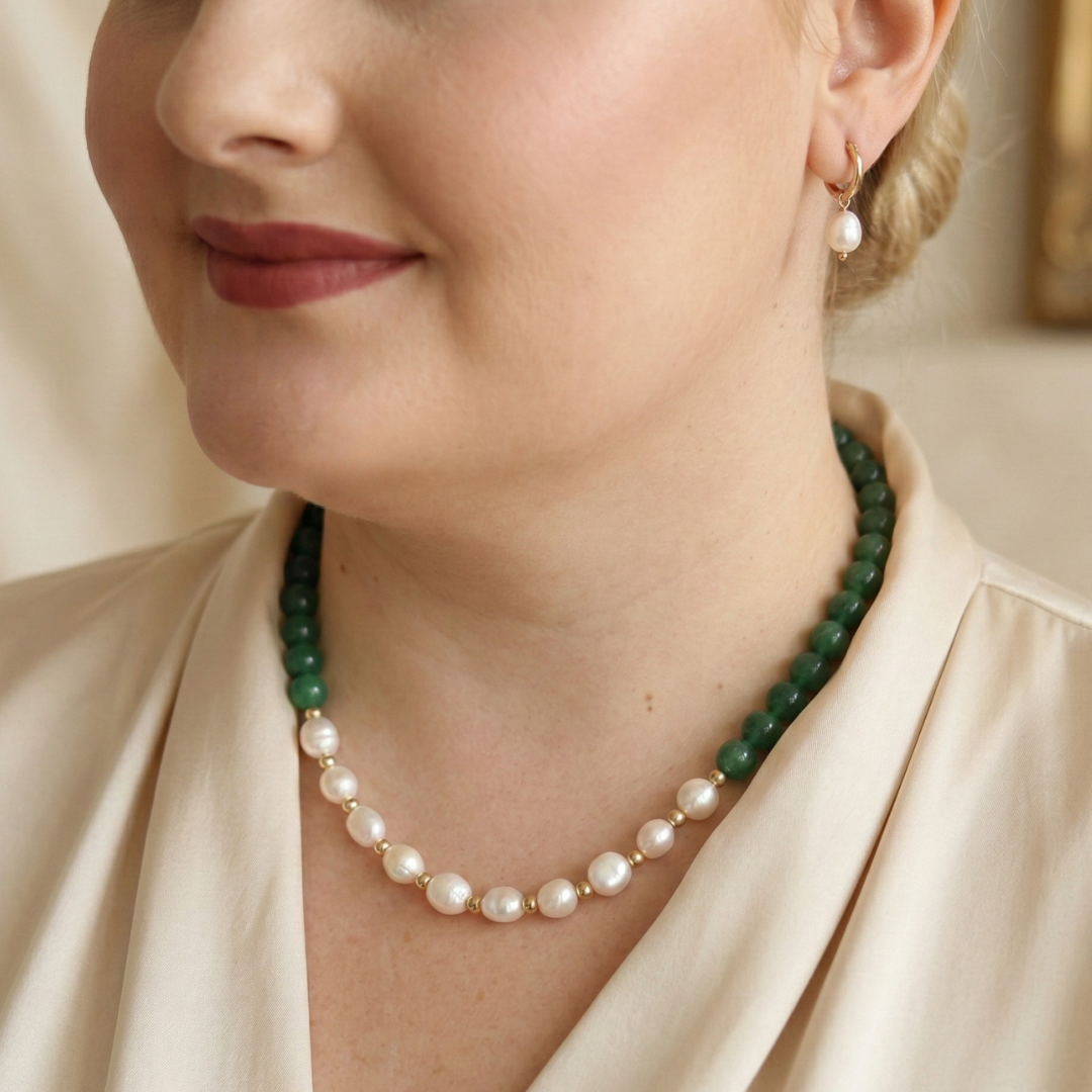 Forest Path - Crystals & Baroque Pearl Necklace with Smooth Metal Accents
