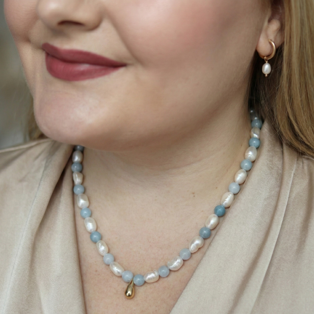 Seafoam Charm - Crystal Beads Necklace with Baroque Pearls & a Golden Droplet Pendant