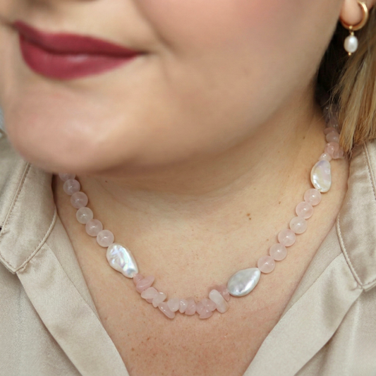 Blush Horizon - Crystal Beads & Clear Opal Chips with Flat Teardrop Pearls Necklace
