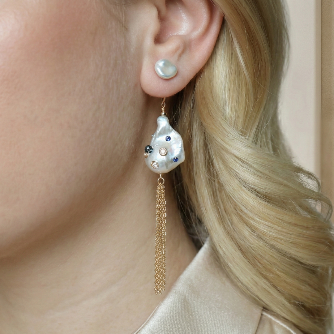 Gemma 3 in 1 Convertible Bejeweled Baroque Pearl Tassel Earrings